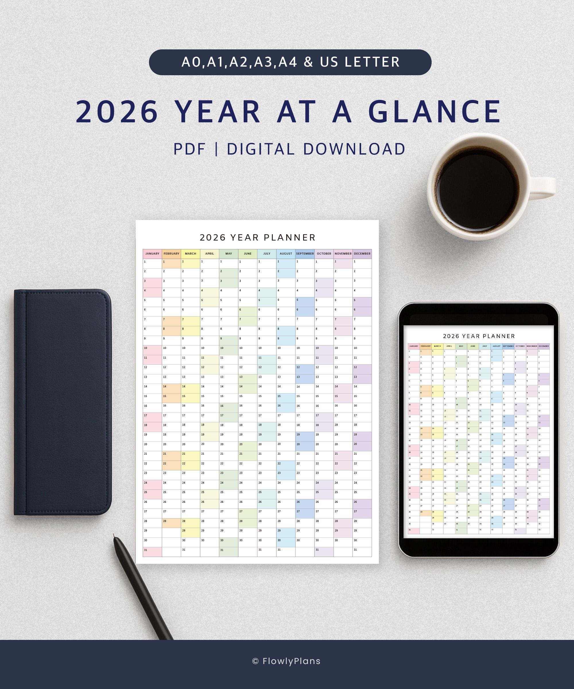 2026 Wall Calendar Yearly Planner Printable | Year at a Glance Poster
