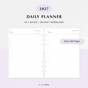 Può includere: Un'agenda giornaliera 2027 in formato A5, con due pagine aperte con voci datate per il 1 e il 2 gennaio. Il layout include fasce orarie, icone meteo e un totale di 366 pagine. Il testo riporta 2027 DAILY PLANNER A5 DATED INSTANT DOWNLOAD.