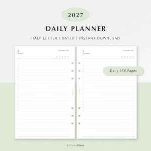 May include: A 2027 daily planner page layout in half letter size. The white pages feature black text including January 2027, dates, days of the week, hourly time slots from 6 to 11, and small icons. The design includes 366 pages total.