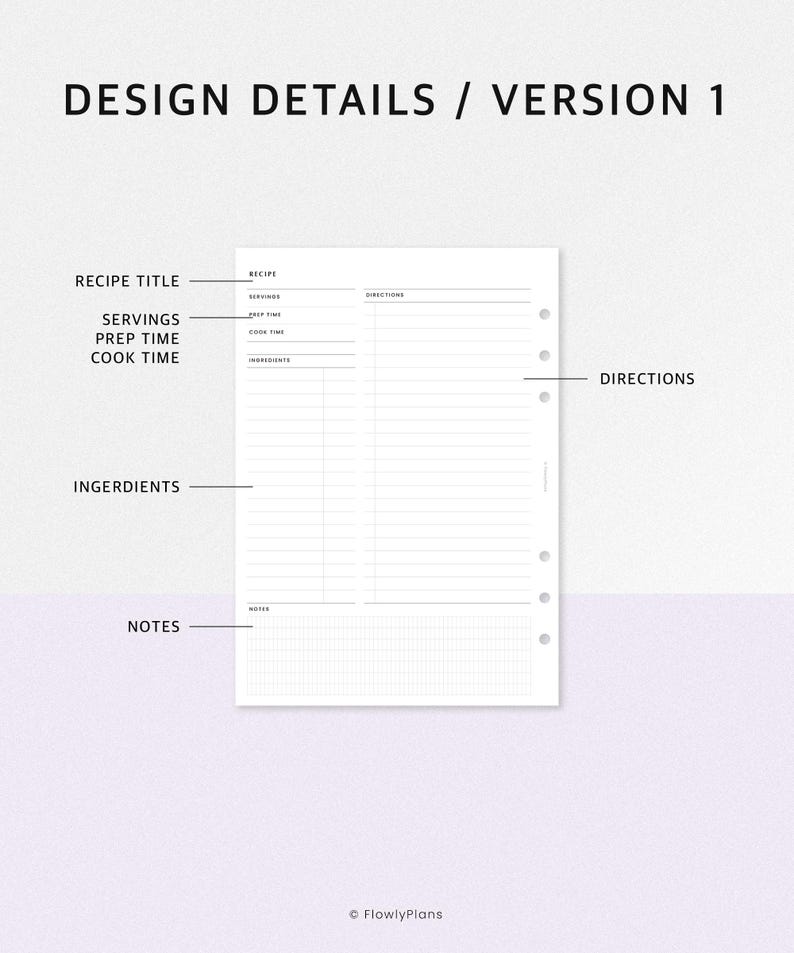 Printable Recipe Menu Recipe Cards Sheet Printable | A5 Planner Inserts | Minimalist Cookbook ...