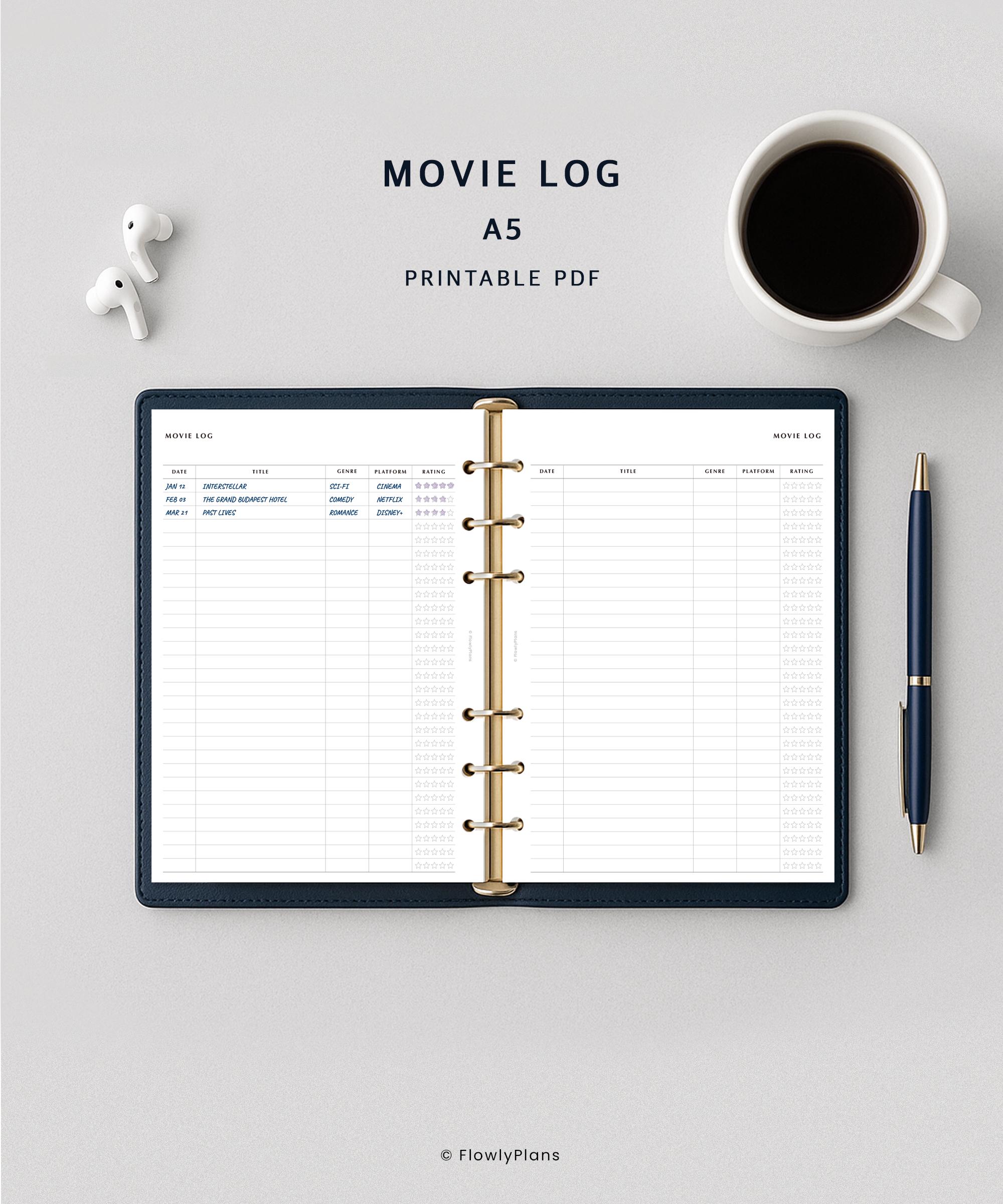 Movie Log Printable | A5 Planner Insert | Film Log, Movie Tracker ...