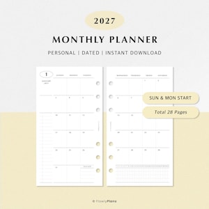 2027 Monthly Planner Printable | Personal Inserts | Dated Monthly Calendar, Habit Tracker, Dot Notes | Minimalist | Instant Download PDF