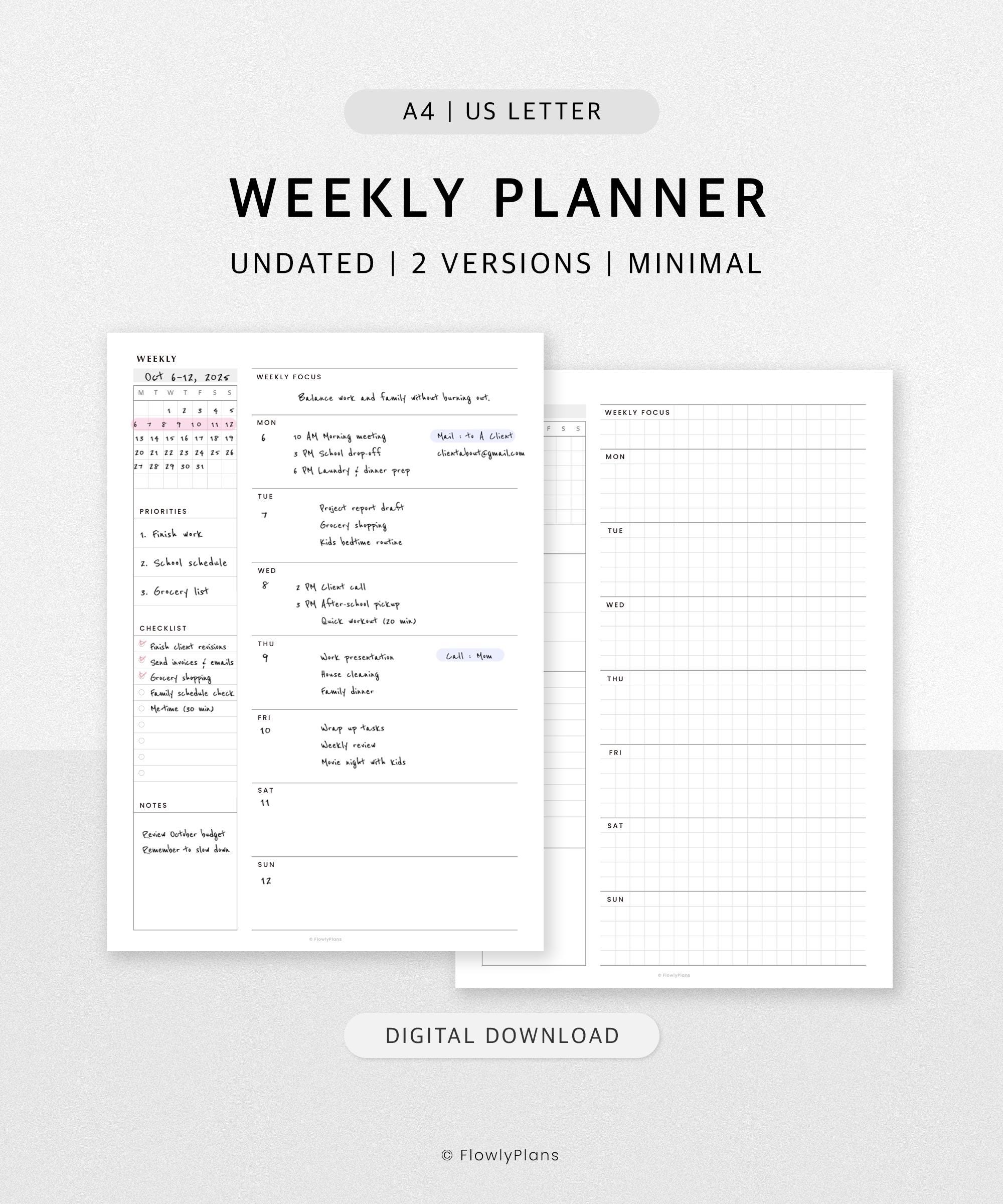 Weekly Planner Printable | Undated A4 & US Letter | Simple Schedule ...