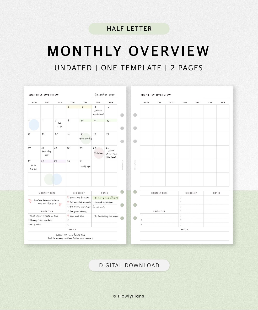 Monthly Overview Printable Planner | Half Letter Inserts | Undated ...