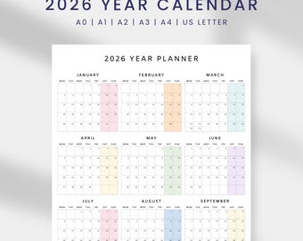 2026 Yearly Calendar Printable | Year at a Glance Wall Calendar | Minimal Digital Planner Poster | PDF