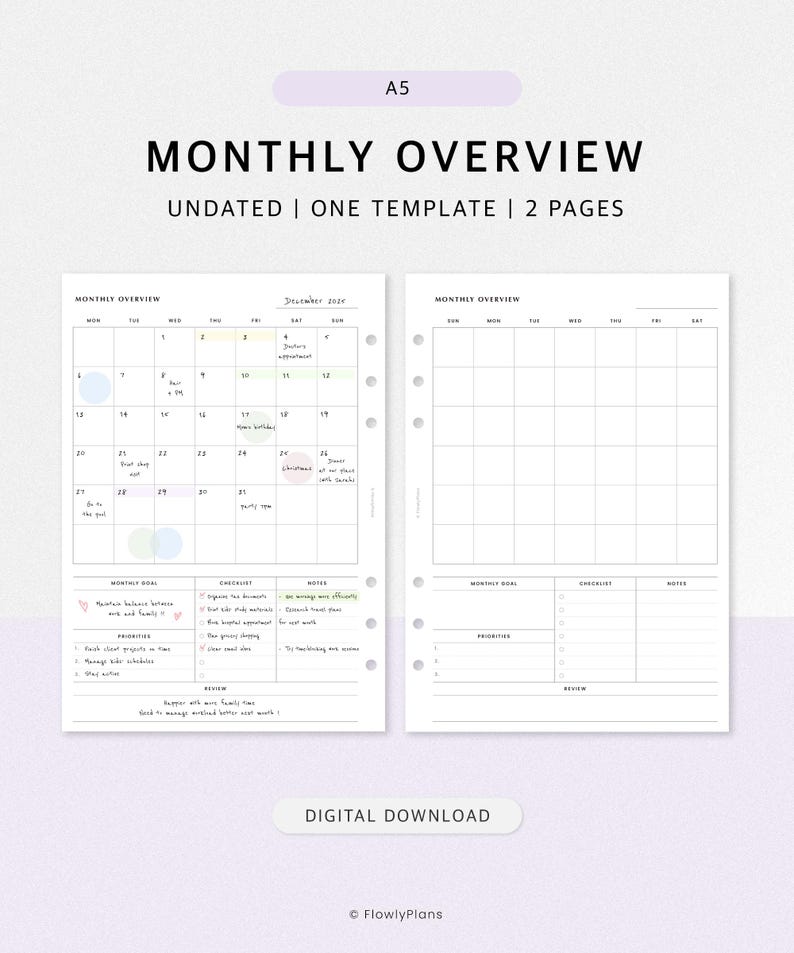 Monthly Overview Printable Planner | A5 Inserts | One Template | Blank