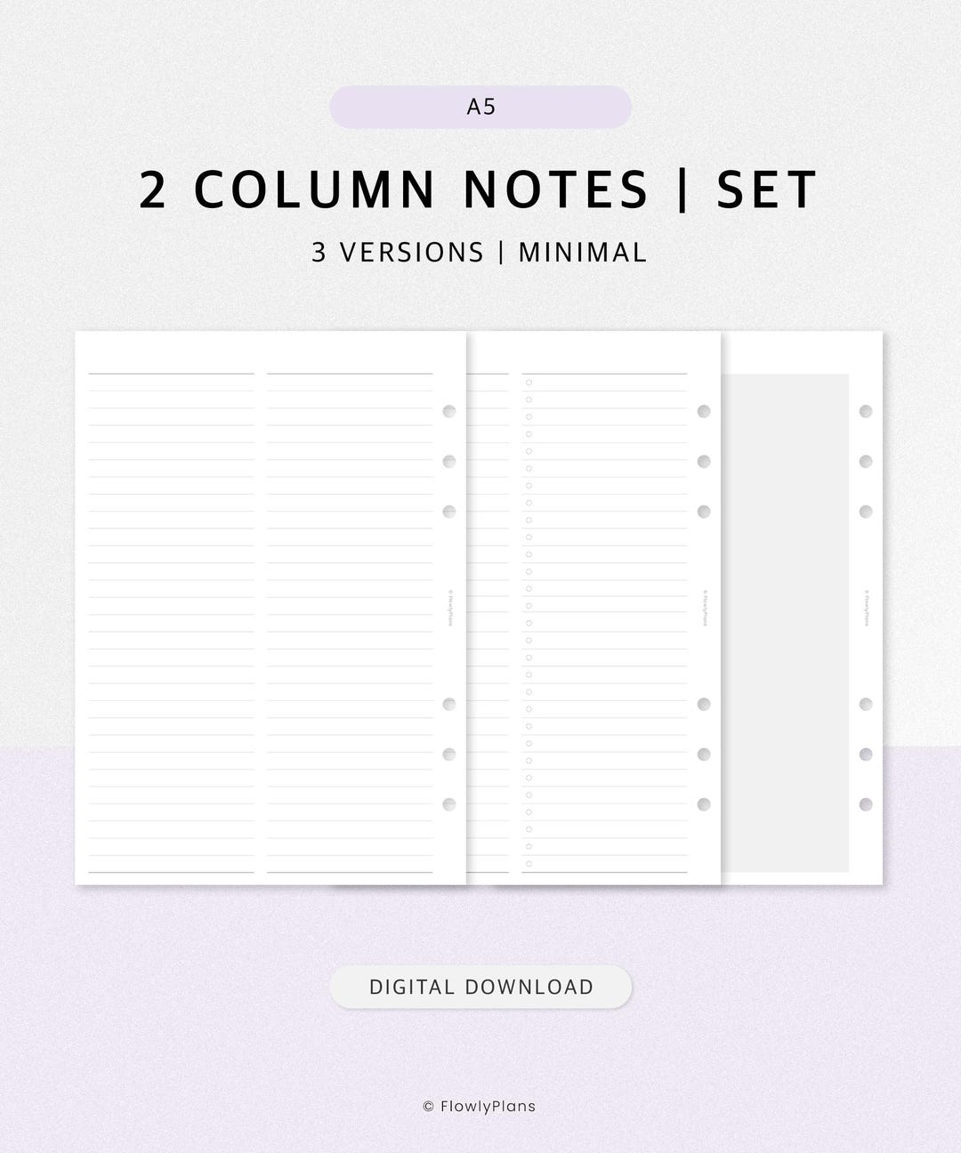 2 Column Lined Notes Set Printable | A5 Planner Insert | Minimalist ...