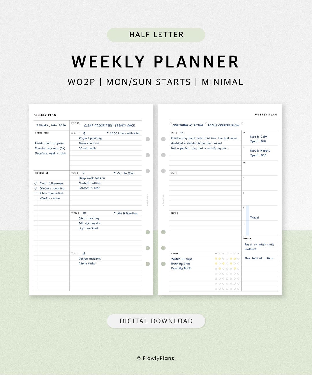 Weekly Planner Half Letter Inserts Printable | Undated WO2 Weekly ...