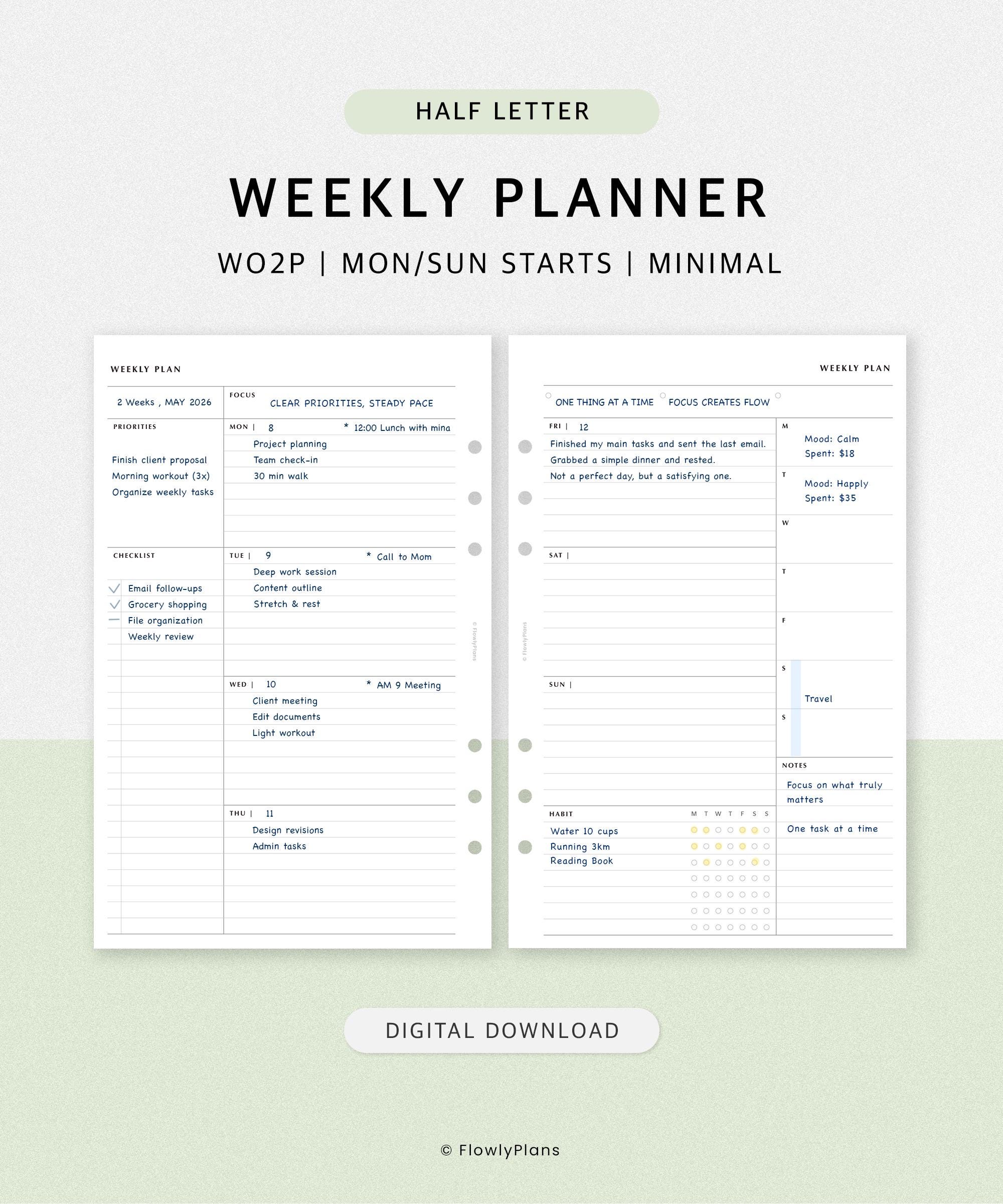 Weekly Planner Half Letter Inserts Printable | Undated WO2 Weekly ...