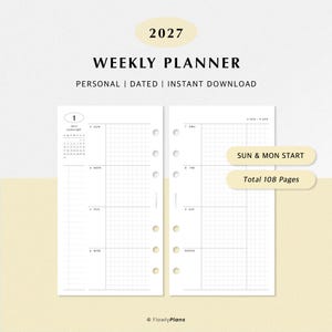 Puede incluir: Un inserto de agenda semanal 2027 con diseño de cuadrícula, que muestra dos páginas con los días de domingo a sábado, un calendario de enero y una sección de notas. El texto incluye 2027, WEEKLY PLANNER, PERSONAL, DATED, INSTANT DOWNLOAD, SUN & MON START y Total 108 Pages.