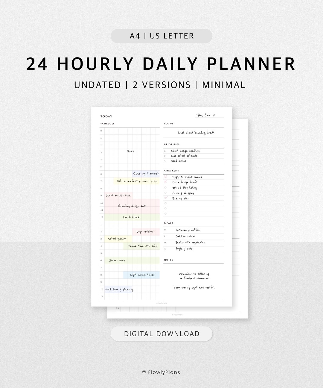 24 Hour Daily Planner Printable | A4 & US Letter | Hourly Schedule ...