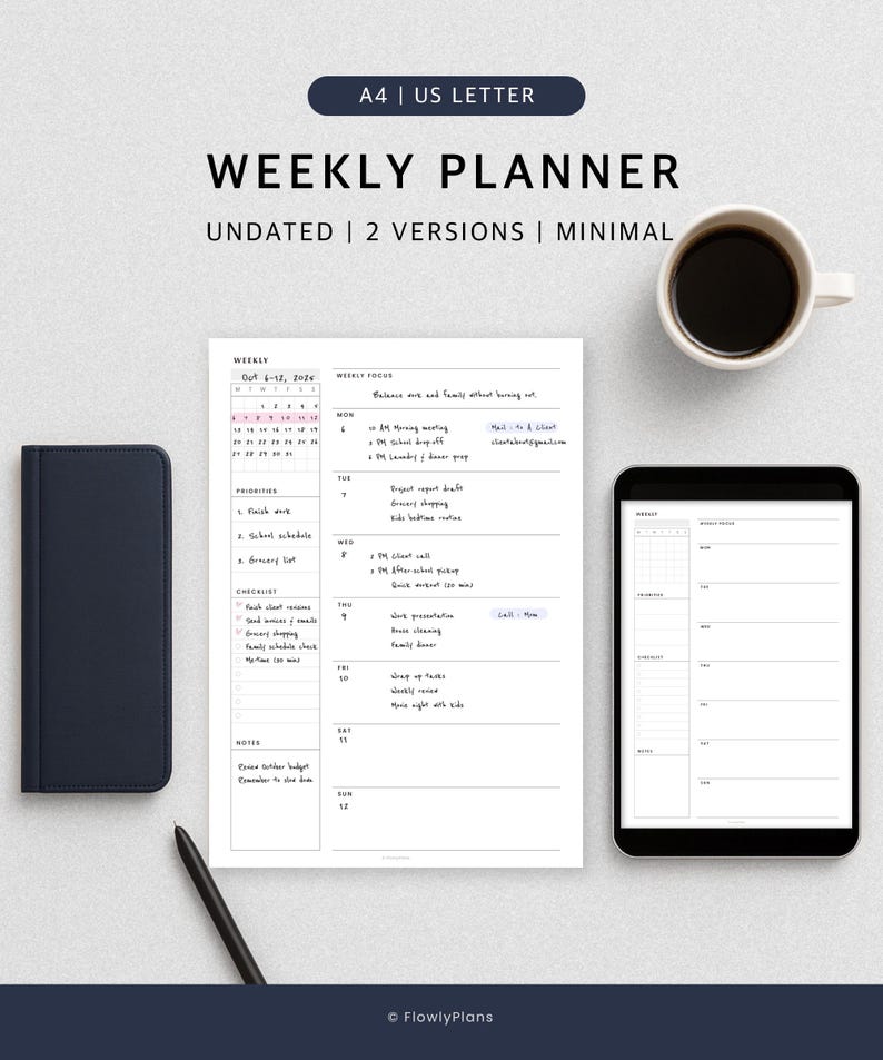 Weekly Planner Printable | Undated A4 & US Letter | Simple Schedule ...