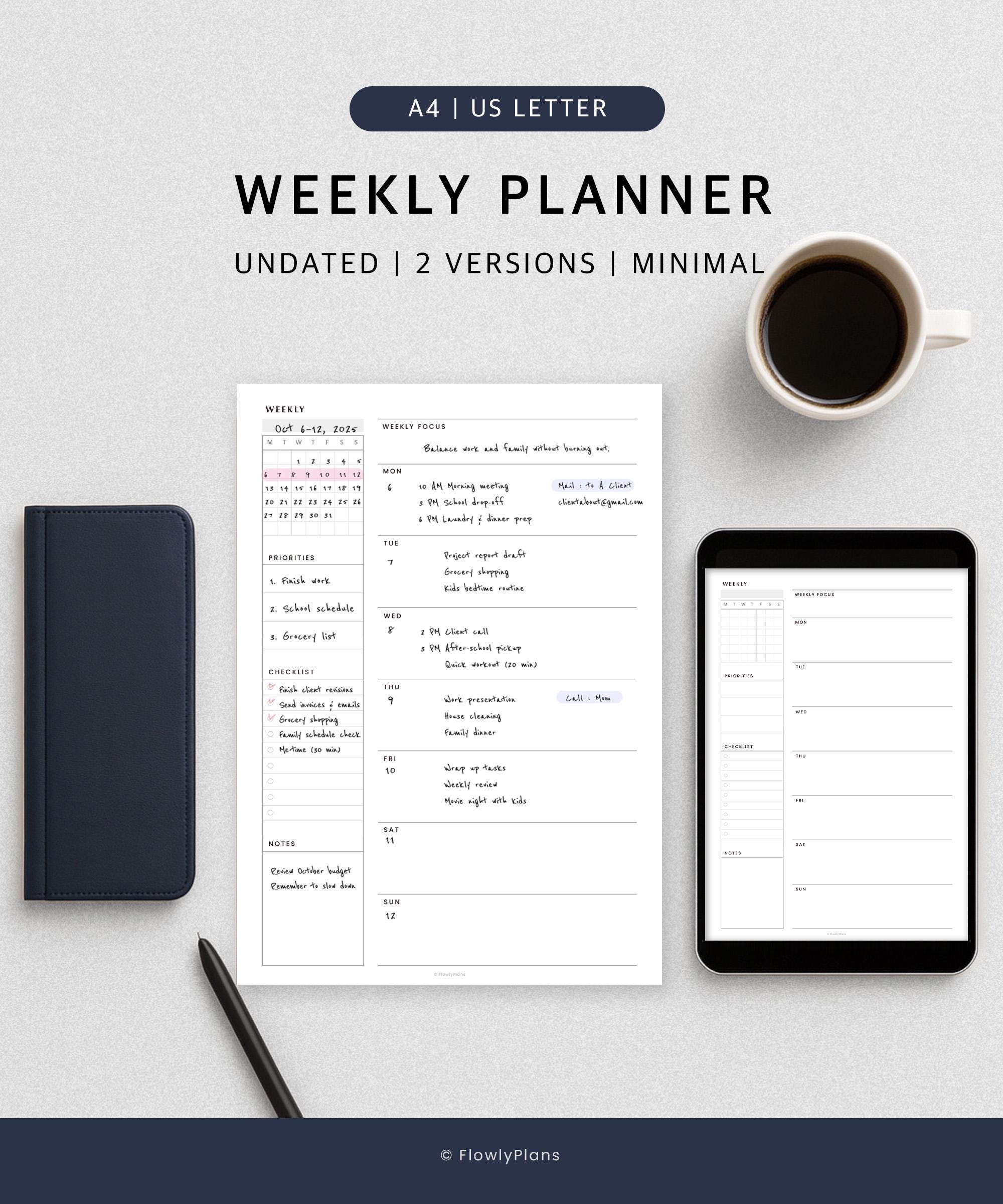 Weekly Planner Printable | Undated A4 & US Letter | Simple Schedule ...