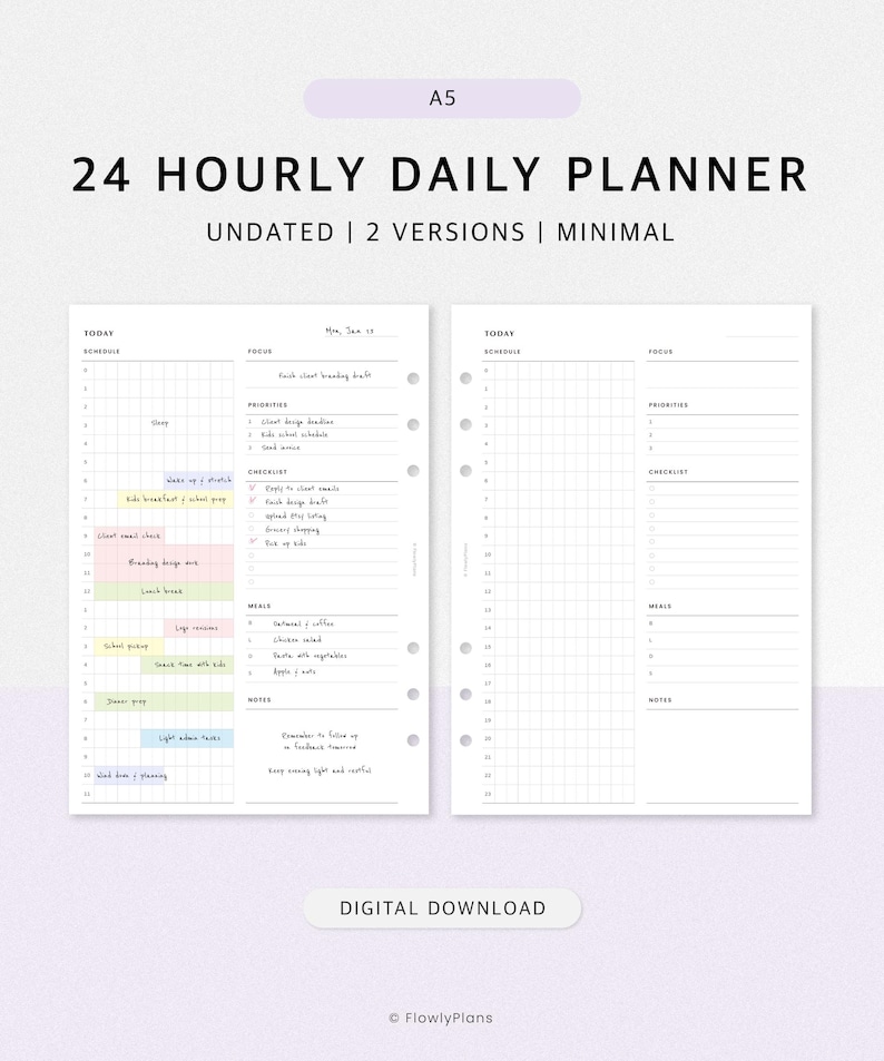 24 Hour Daily Planner Printable | A5 Inserts | Hourly Schedule, Time ...
