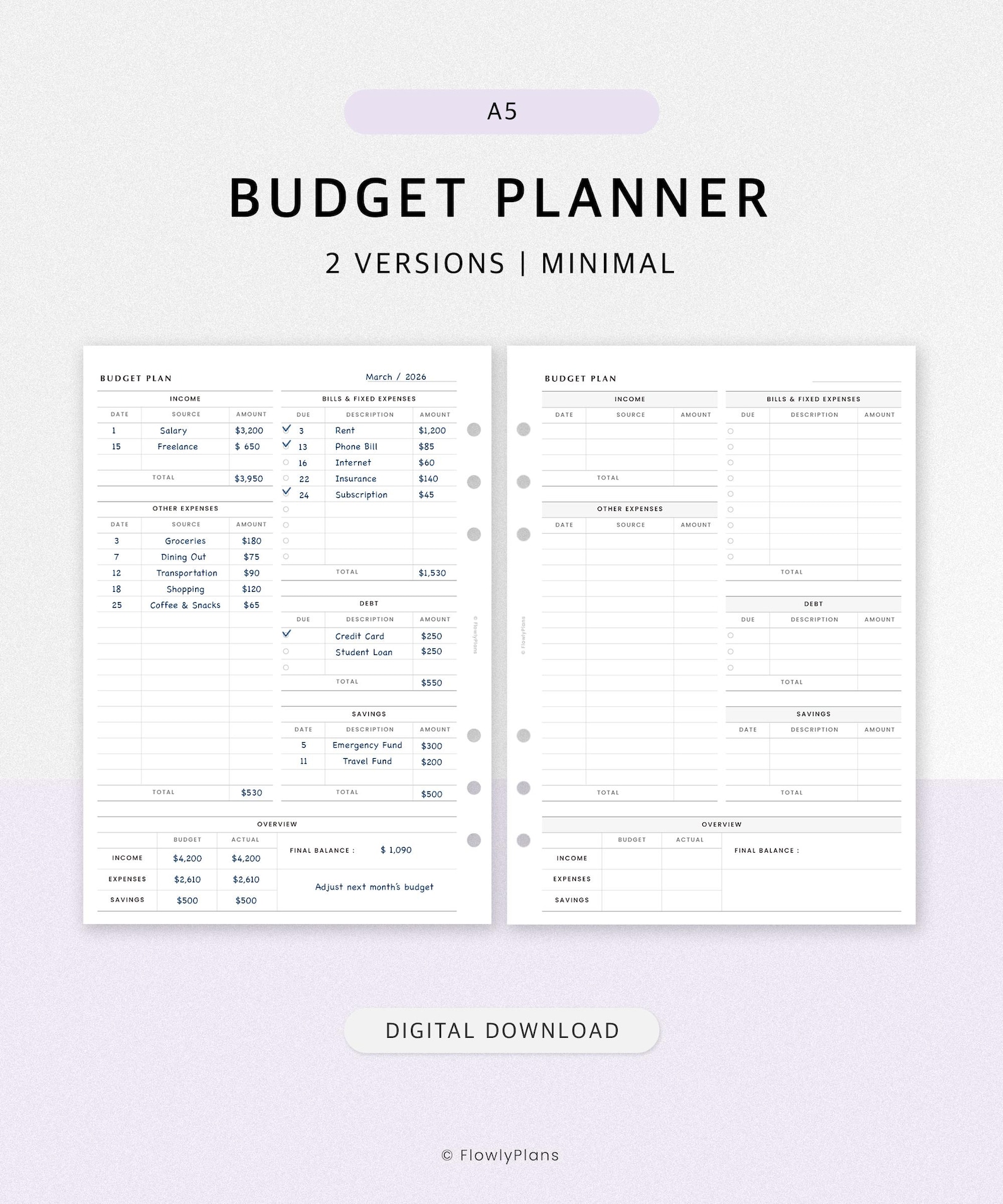 Budget Planner A5 Printable | Simple Income Expense Tracker | Minimal ...