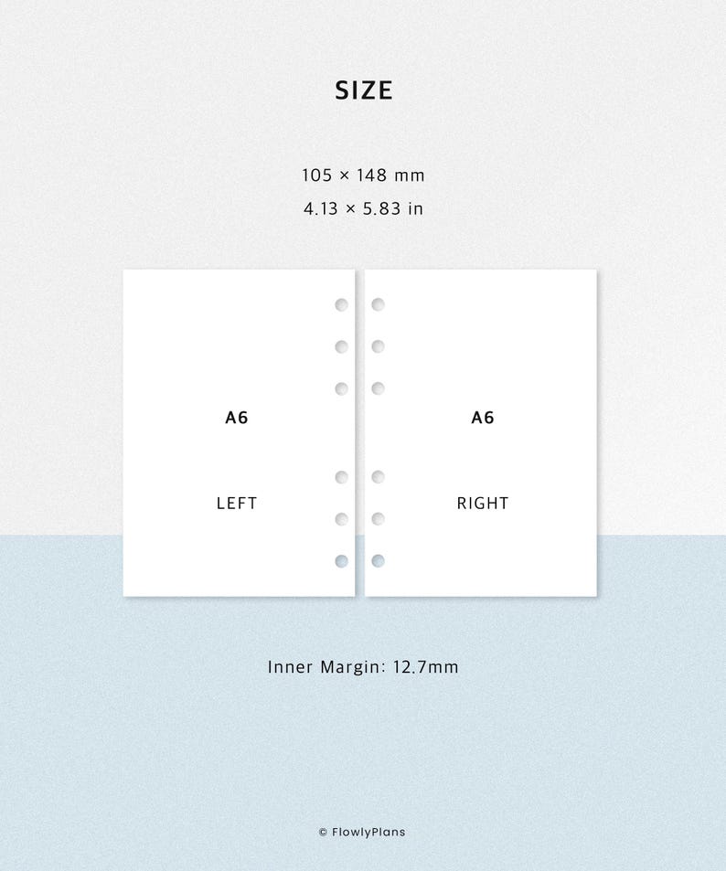 May include: White A6 planner inserts with the text "A6", "LEFT", and "RIGHT". The size is 4.13 x 5.83 inches, with an inner margin of 0.5 inches. The image also includes the text "SIZE" and "&copy; FlowlyPlans".