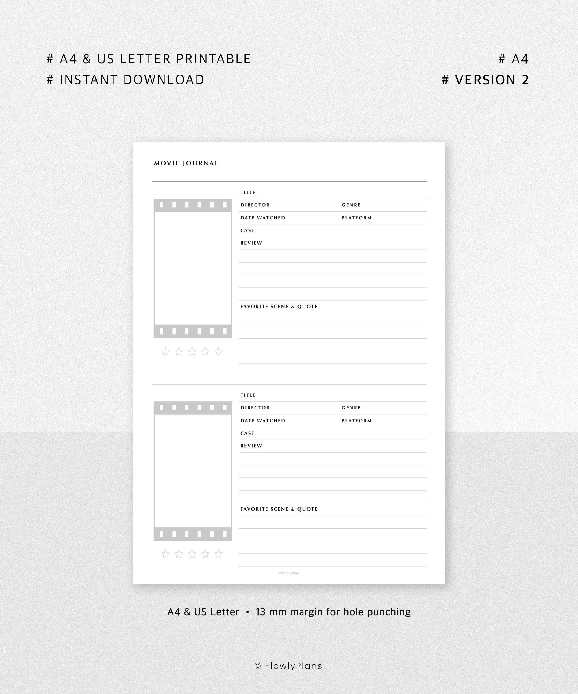 Movie Journal Printable | A4 & US Letter Planner | Film Journal, Movie ...