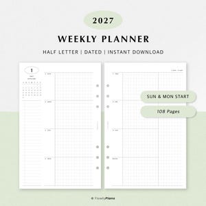 May include: A 2027 weekly planner in half letter size with 108 pages. The layout features a dated grid design with Sunday and Monday start options. The pages include a monthly calendar for January, a vertical weekly schedule, and notes section.