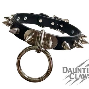 Puede incluir: Collar de cuero negro con púas plateadas y un gran anillo metálico. El collar tiene un cierre de hebilla y está adornado con múltiples púas cónicas. El nombre de la marca "Daunting Claws" es visible en la esquina inferior derecha.