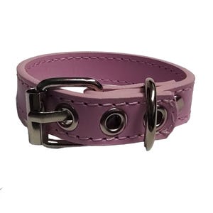 May include: A pale pink leather collar with silver metal hardware. The collar features a buckle fastening and multiple eyelets for adjustment. The stitching is visible, and the design is simple and elegant.
