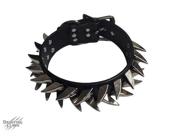 Buzzsaw Wyrm Wide Spiked Collar - Black Faux Leather Double Row