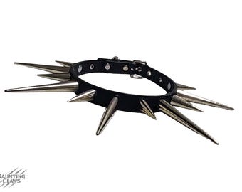 Spineflare Spike Collar - Black Faux Leather Long Spiked Choker