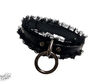 Nightfrill Halter Ring Collar - Faux Leather Black Frilly Lace Choker Collar with Ring