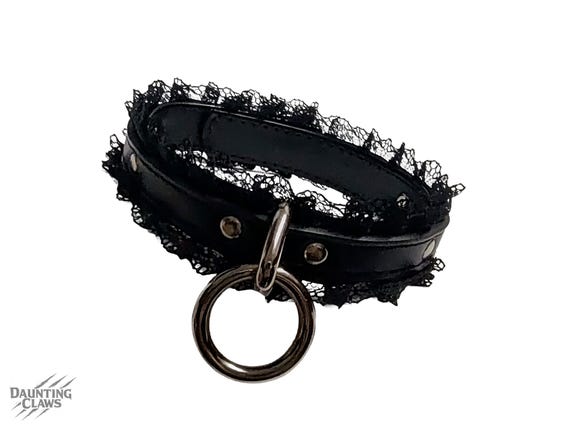 Nightfrill Halter Ring Collar - Faux Leather Black Frilly Lace Choker Collar with Ring