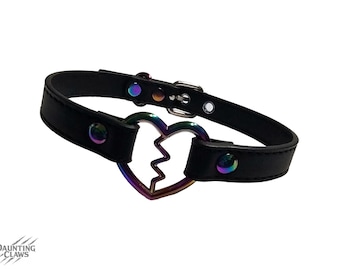 Obroża Faultline Prism Heart Collar – Czarny, ze sztucznej skóry, tęczowy, złamane serce, choker