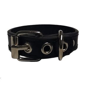 Puede incluir: Collar de cuero negro con herrajes metálicos plateados. El collar tiene un cierre de hebilla, una anilla en D y varios ojales. Producto para mascotas.