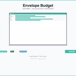 Puede incluir: Una plantilla digital de presupuesto de sobres en tonos turquesa y blanco. El texto dice "Envelope Budget" y "Like YNAB - but you pay once, not $109/year". La plantilla es compatible con Google Sheets y Excel. También está lista para móviles.