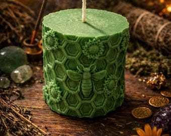 Busy As a Bee  Green Honeycomb Beeswax Candle for Wealth, Work, and Focus Majic