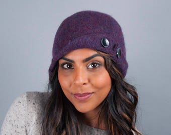 Women's Wool Felt Winter Hat // Merino Wool // Button Up Cloche // 1920's style // Gifts for Her // Beanie // Tuque // Good for Short Hair