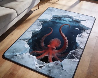 Octopus Ice Hole Rug, Ocean Illusion Carpet, Kraken Floor Mat, Coastal Living Room Decor