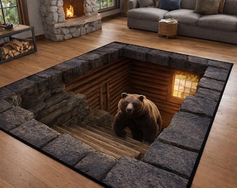 Bear Rectangle Rug, Illusion Hole Carpet, Rustic Cabin Floor Mat, Wildlife Lodge Living Room Decor
