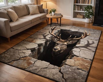 Deer Illusion Rug, Cracked Floor Carpet, Rustic Cabin Decor Rug, Hunting Lodge Area Rug, Wildlife Living Room Decor, Gift for Hunter
