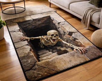 Skeleton Basement Rug, Scary Stair Illusion Carpet, Halloween Horror Floor Mat, Spooky Living Room Decor