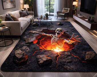 Lava Skull Rug, Hell Hole Carpet, Scary Skeleton Floor Mat, Gothic Halloween Living Room Decor
