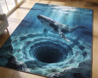 3D Whale Ocean Rectangle Rug, Illusion Hole Carpet, Underwater Whale Floor Mat, Coastal Living Room Decor