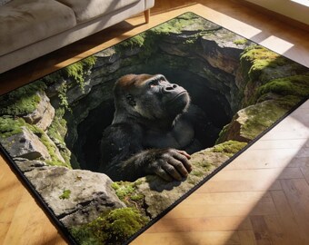 Gorilla Cave Rug, Jungle Illusion Carpet, Wildlife Floor Mat, Nature Living Room Decor