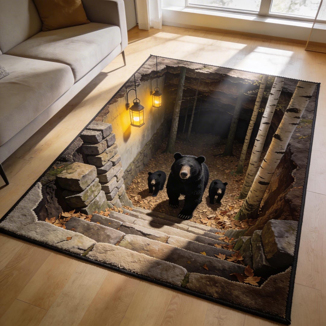 3D Bear Cave Rectangle Rug, Illusion Stair Hole Carpet, Forest Bear ...