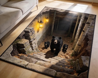 3D Bear Cave Rectangle Rug, Illusion Stair Hole Carpet, Forest Bear Floor Mat, Unique Living Room Decor