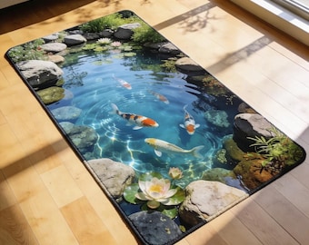 Koi Pond Rug, Japanese Garden Carpet, Water Lily Fish Floor Mat, Zen Nature Living Room Decor