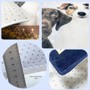 May include: A close-up of a dog-themed rug with a foam cushion layer. The rug features a detailed image of two dogs, a brown Labrador and a Jack Russell Terrier. The rug's backing has a non-slip design. The foam cushion layer is 10mm thick.
