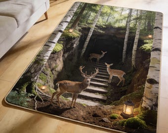 Deer Forest Cave Rug, Stair Illusion Carpet, Rustic Woodland Floor Mat, Cabin Lodge Living Room Decor