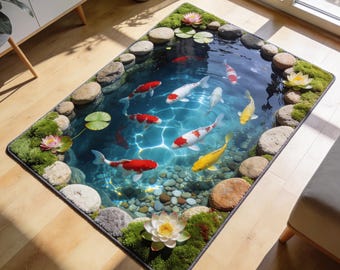 Koi Fish 3D Premium Rectangle Rug, Zen Pond Floor Mat, Japanese Garden Decor, Water Lily Area Rug