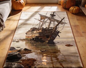 Shipwreck Beach Rug, Nautical Coastal Carpet, Pirate Ship Floor Mat, Ocean Living Room Decor