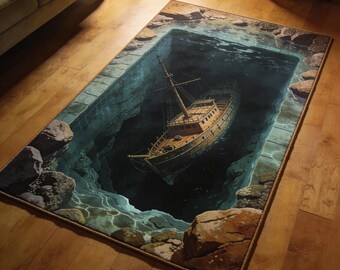Sunken Ship Rug, Ocean Hole Carpet, Nautical Floor Mat, Coastal Living Room Decor