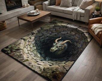 Dragon Well Rug, Fantasy Stone Hole Carpet, Mystic Dungeon Floor Mat, Unique Living Room Decor