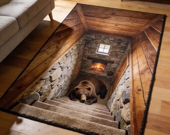 Bear Cabin Basement Rug, Stair Illusion Carpet, Rustic Lodge Floor Mat, Cozy Fireplace Living Room Decor